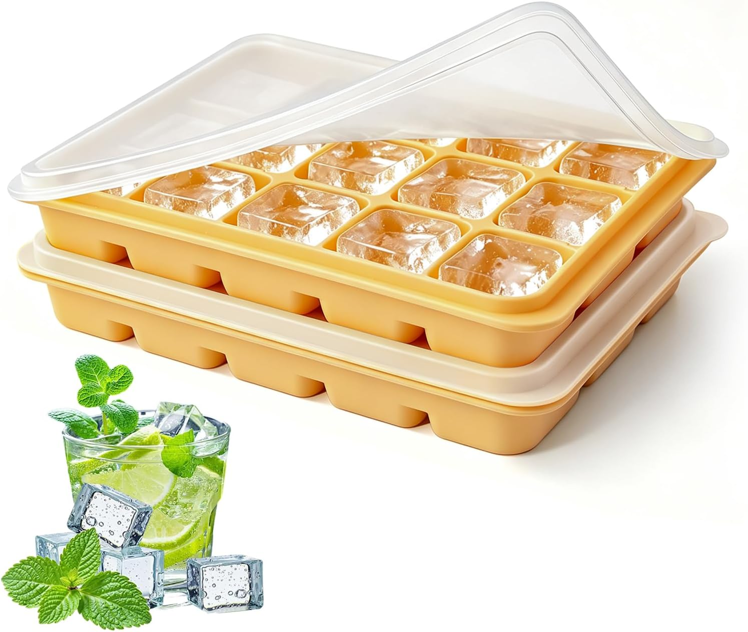 juego de moldes de silicona para hielo con tapa removible apilable pack 2 pcs