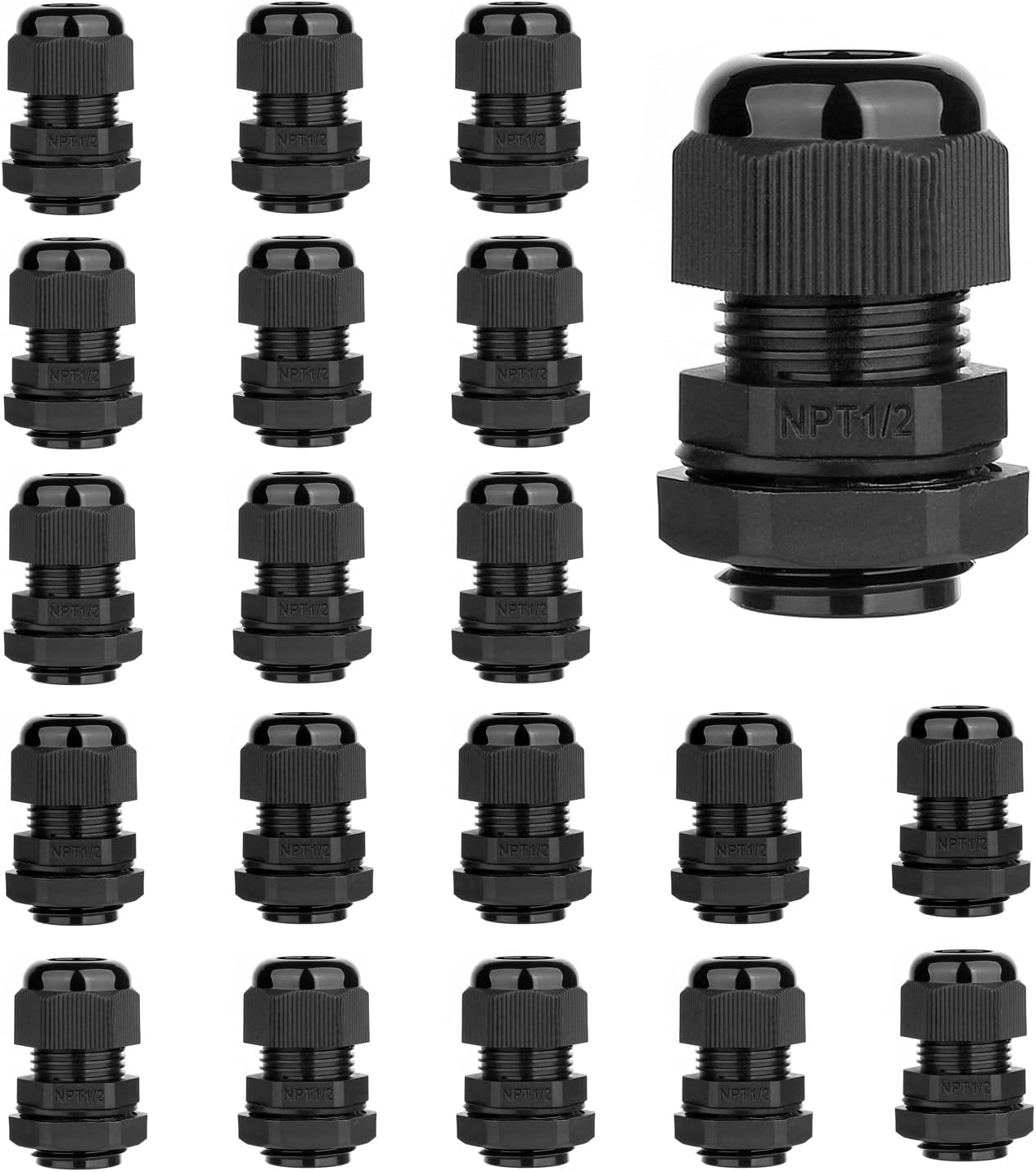 20 Pack 1/2'' NPT Cable Gland Waterproof Adjustable 6-12Mm/0.24-0.47Inch Nylon Cable Glands Joints with Gaskets (1/2