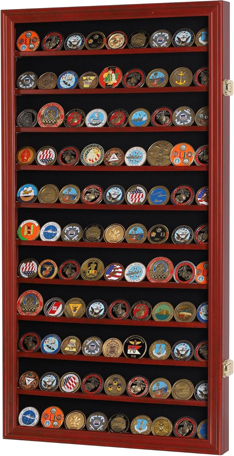 Displaygifts Military Challenge Coin Display Case Poker Chips Holder Wall Cabinet Showcase Rack Stand Mahogany Finish