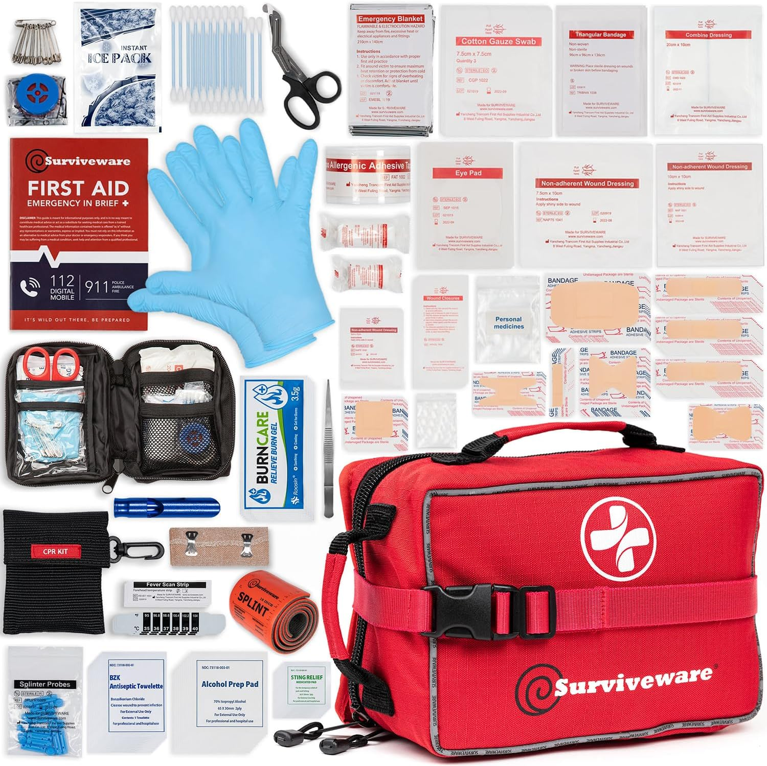 Surviveware 238 Pcs Comprehensive Premium Survival First Aid Kit - Medical Emergency Kit for Travel Camping Gear, Home Essentials & Outdoor Emergencies - Survival Kit