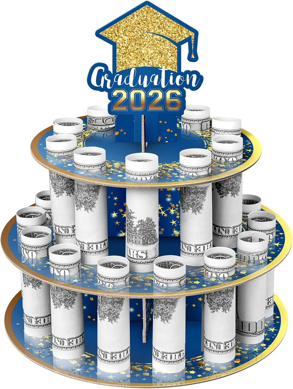 2026 Graduation Money Gift Holder, Celebration Cash Cake Stand with 24 Bill Slots, Graduation Money Tree for Women Men High School College Congrat Grad, Party Display Decorative - Blue and Gold