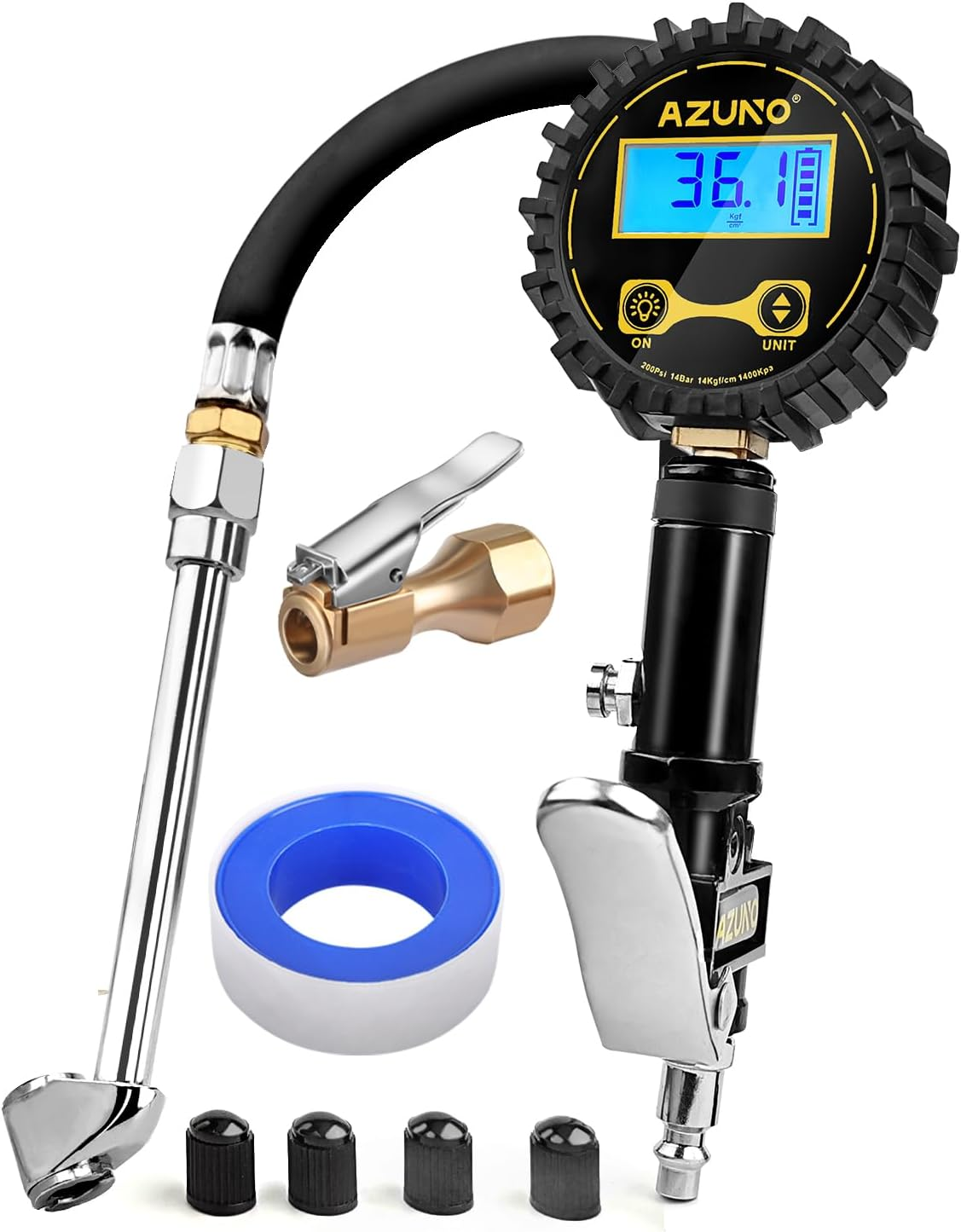 Digital Tire Inflator with Pressure Gauge, 200 PSI, Heavy Duty Air Compressor Accessories, W/Rubber Hose Lock on Air Chuck and Quick Connect Coupler