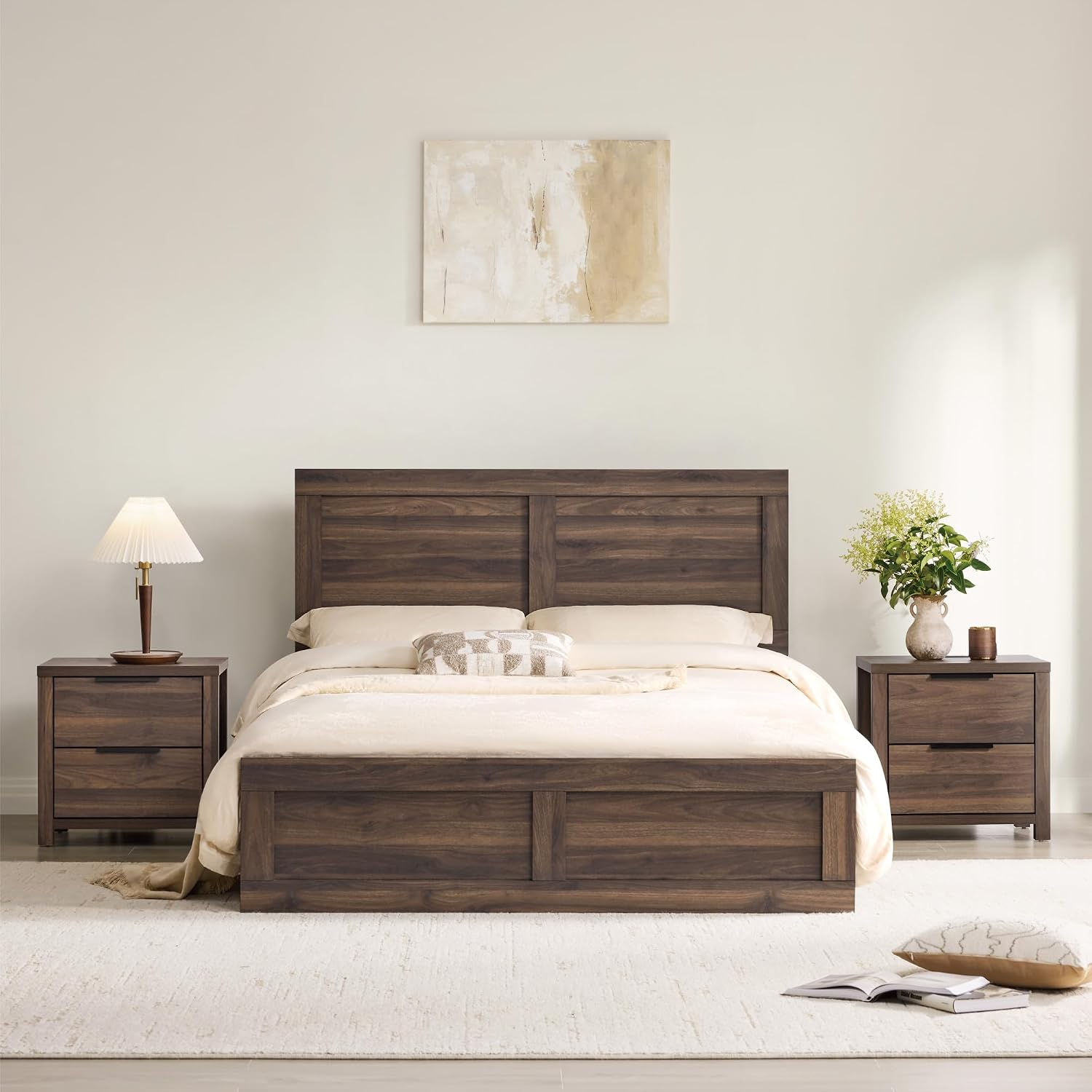 Queen Size 3-Piece Bedroom Set with Wood Bed Frame & Charging 