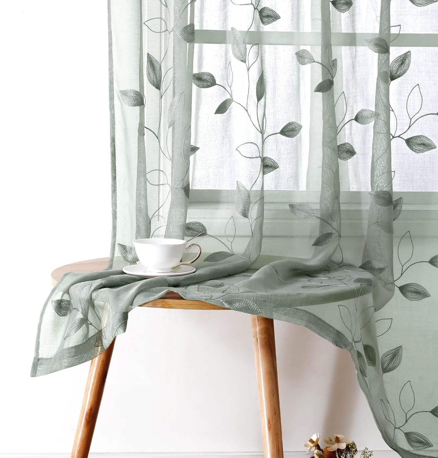 Sage Green Sheer Curtains 52 X 63 Inches Length 2 Panels Embroidered Leaf Pattern Pocket Faux Linen Floral Semi Sheer Voile Window Curtains/Drapes for Bedroom Living Room