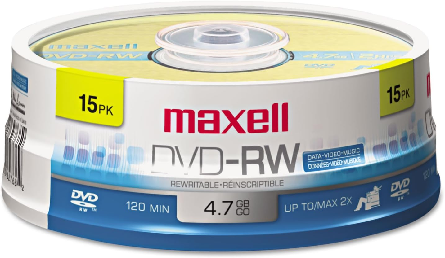 Maxell Dvd-Rw Rewritable Disc, 4.7 Gb, 2X, Spindle, Gold, 15/Pack