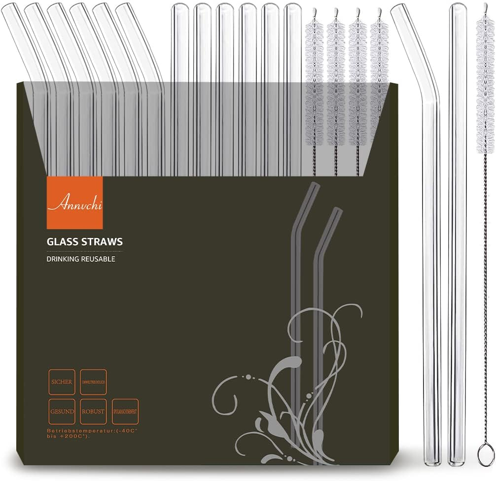 16 Pk Reusable Glass Straws,Set of 6 Straight and 6 Bent w/4 Cleaning Brush,Perfect (8.5''X10 MM)
