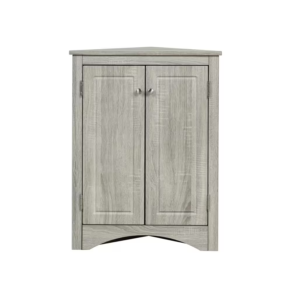 Oak Finish Triangle Accent Cabinet with Adjustable Shelves Floor Storage Corner Cabinet for Bathroom Home Office Kitchen