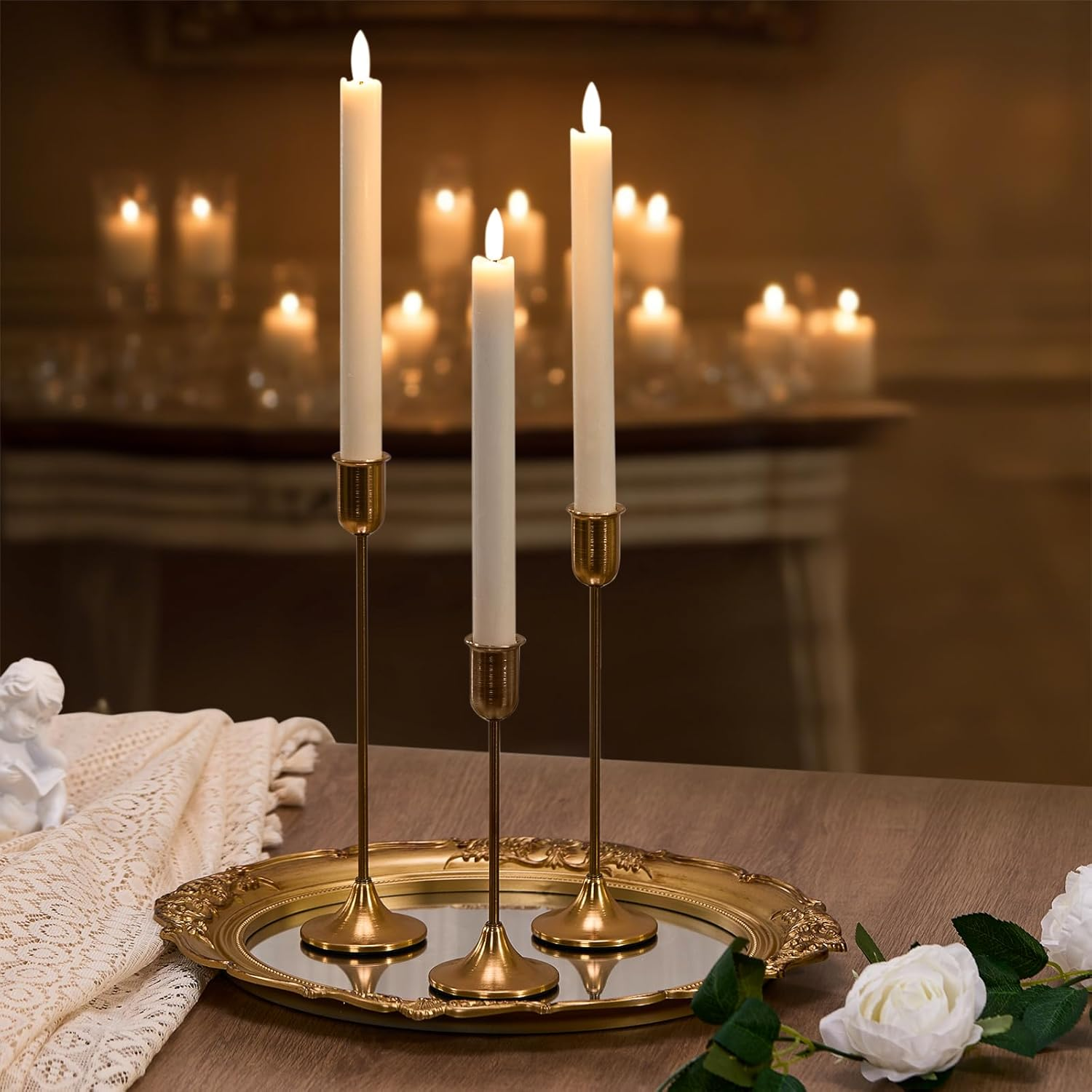 Candlestick Holders, Taper Candle Holders Set of 3, Gold Vintage Candle Sticks Holder Decor for Table Centerpiece, Fireplace Mantel, Weddings & Housewarming Décor with Gift Box