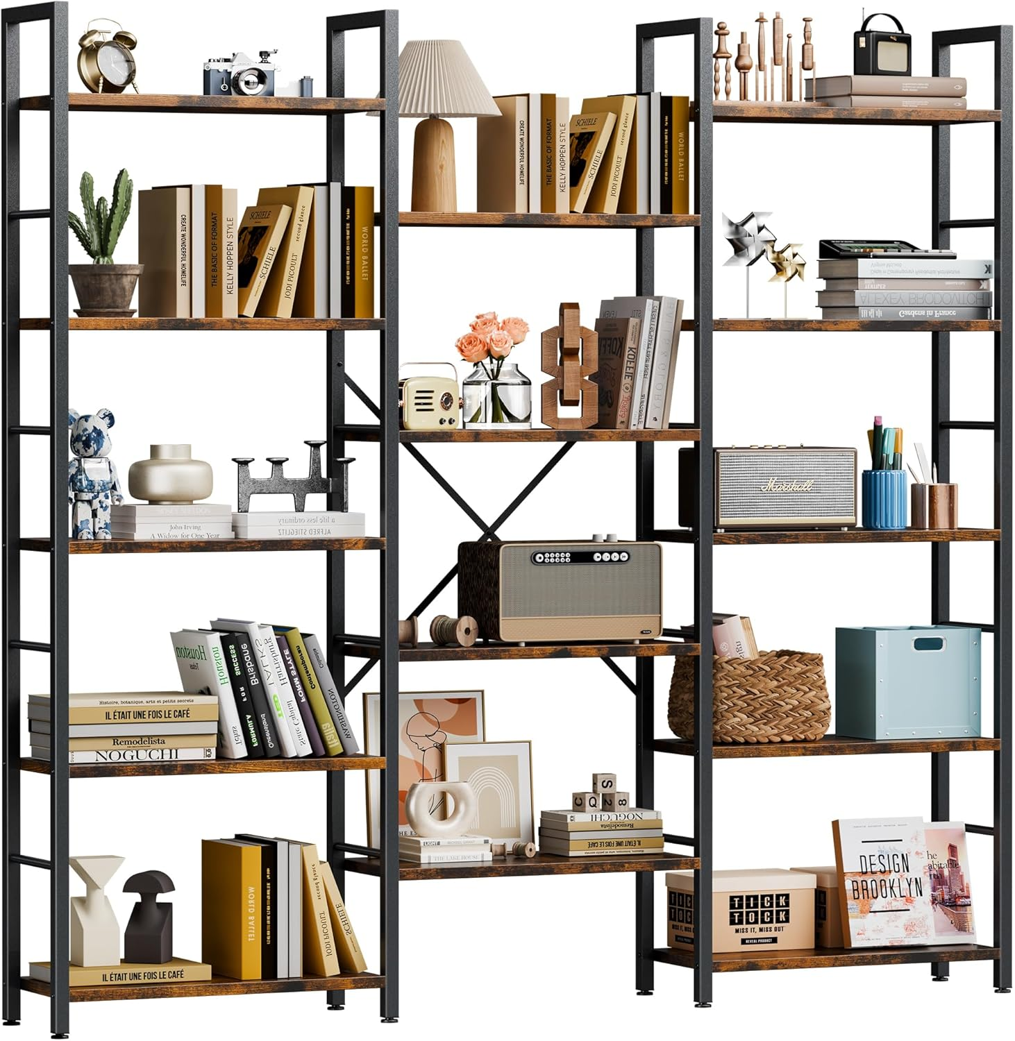 Shintenchi Triple 5 Tier Bookshelf, Industrial Large Bookcase with 14 Open Display Shelves, Large Etagere Bookshelf,Wide Book Shelf Book Case for Home & Office, Rustic Brown