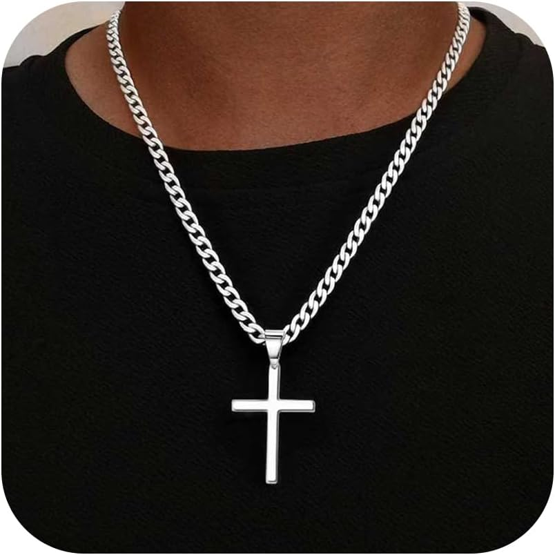 925 Sterling Silver Cross Necklace for Men, 5Mm Italian Diamond Cut Cuban Link Curb Chain Cross Necklace for Men Jewelry 16 18 20 22 Inch