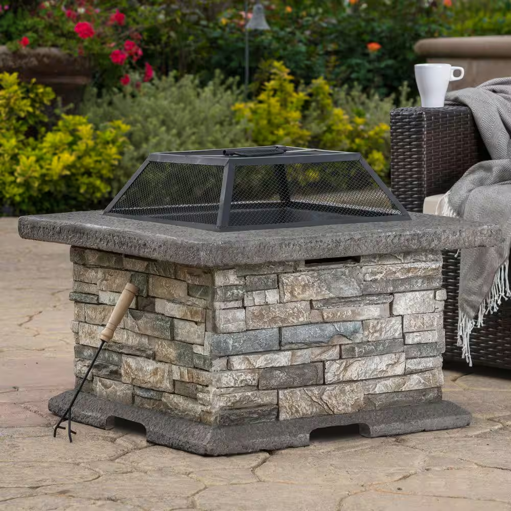 29 In. W X 17 In. H Stone Square Wood Burning Outdoor Fire Pit in Stone Gray