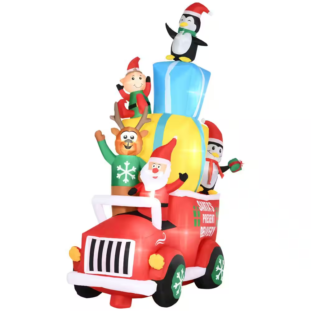 3 Ft. X 9 Ft. Christmas Inflatable Santa Claus Drives a Gift Car with Elk, Elf, 2 Penguins