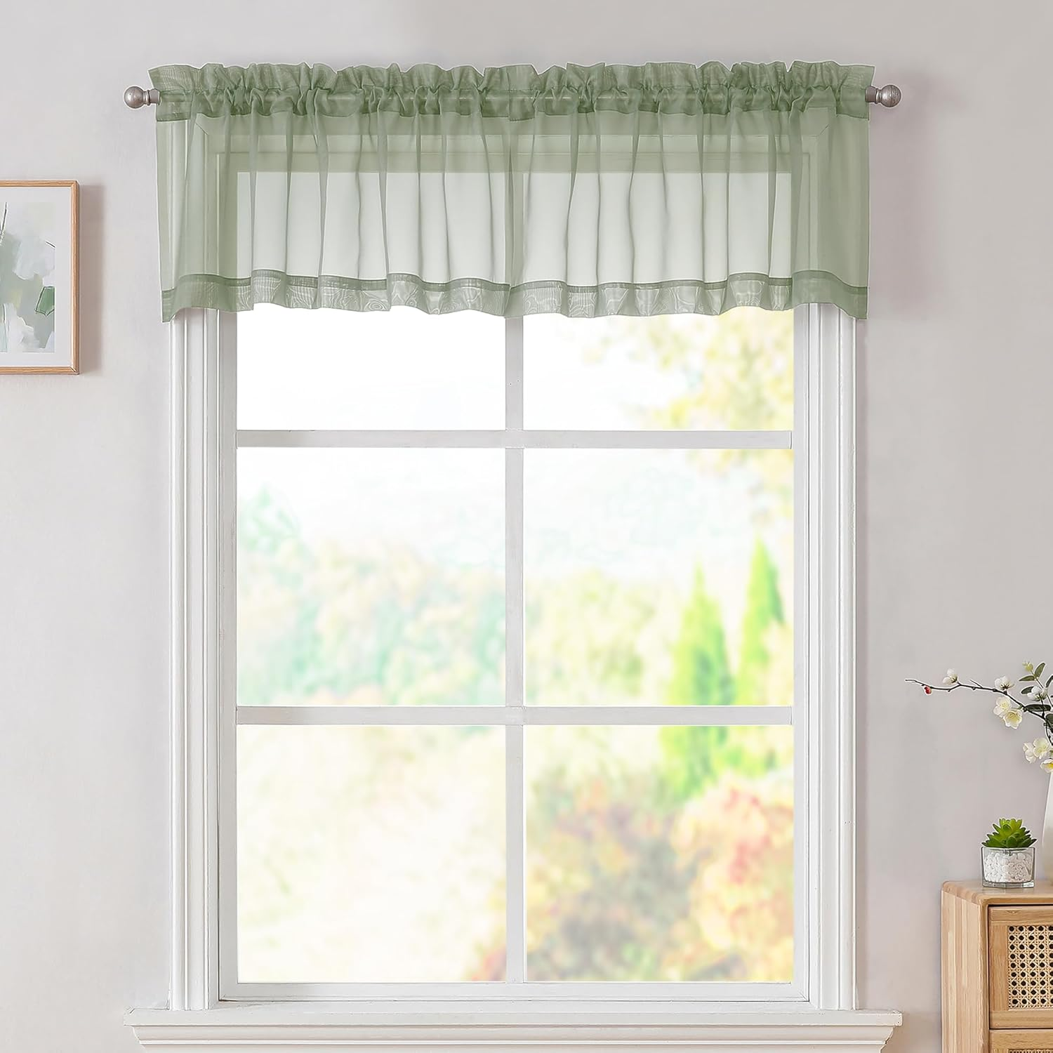 Sage Green Valances 14 Inches Long for Living Room Pocket 2 Panel Light Filtering Sheer Translucent Valence Toppers for Window Kitchen Bathroom Bedroom 42x14 Inch Length