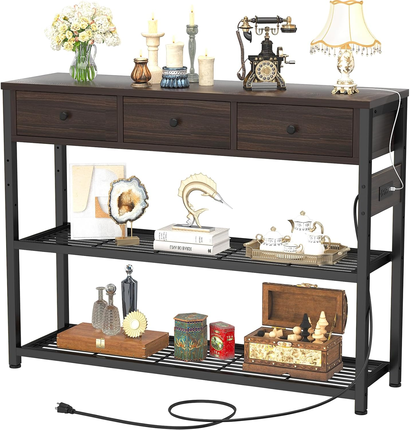 47'' Entryway Table with Outlets and USB Ports, Console Table with 3 Drawers, Sofa Table Narrow Long with Storage Shelves for Living Room, Couch, Hallway, Foyer, Black Walnut Finish