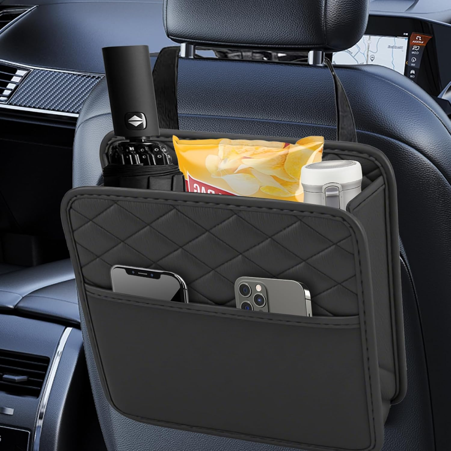 Autositz Organizer,Leder Auto Aufbewahrungstasche,Rückenlehnenschutz Auto Kinder,Wasserdicht Rücksitz Organizer,Hängende Autoorganizer Mit Längenverstellbaren Schultergurten Für Autos (Schwarz)