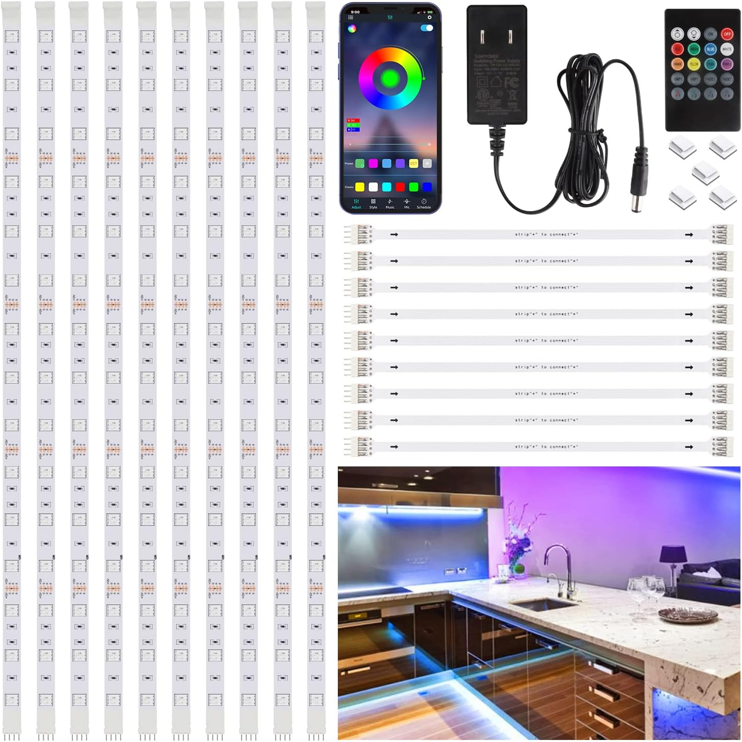 10 PCS RGB under Cabinet Lighting Kit, App and Remote Control Led Strip Lights, Music Sync Color Changing Led Lights with ETL Listed Power Adapter, for Cabinet, Counter, Shelf, 16.4Ft