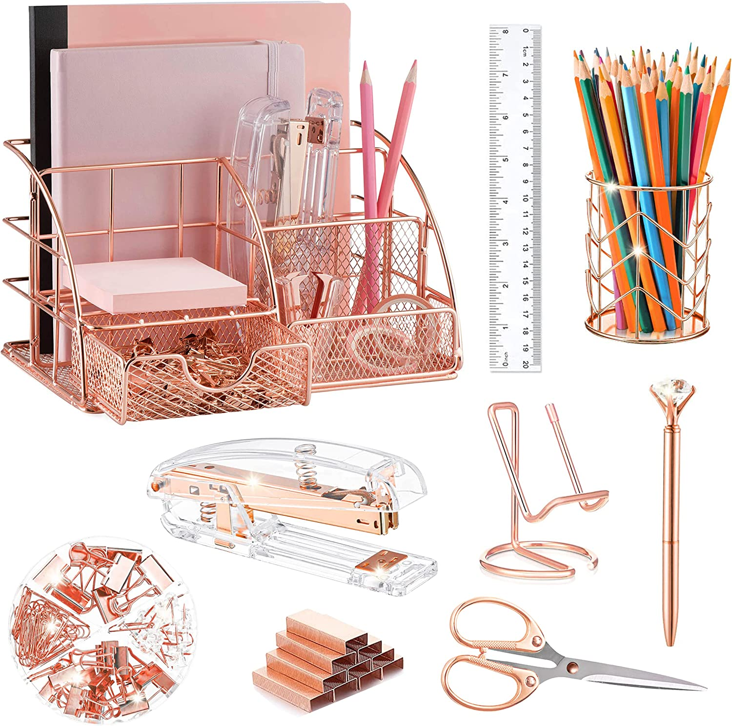 Rose Gold Desk Organizers and Accessories Office Supplies Set Stapler,Pen Holder