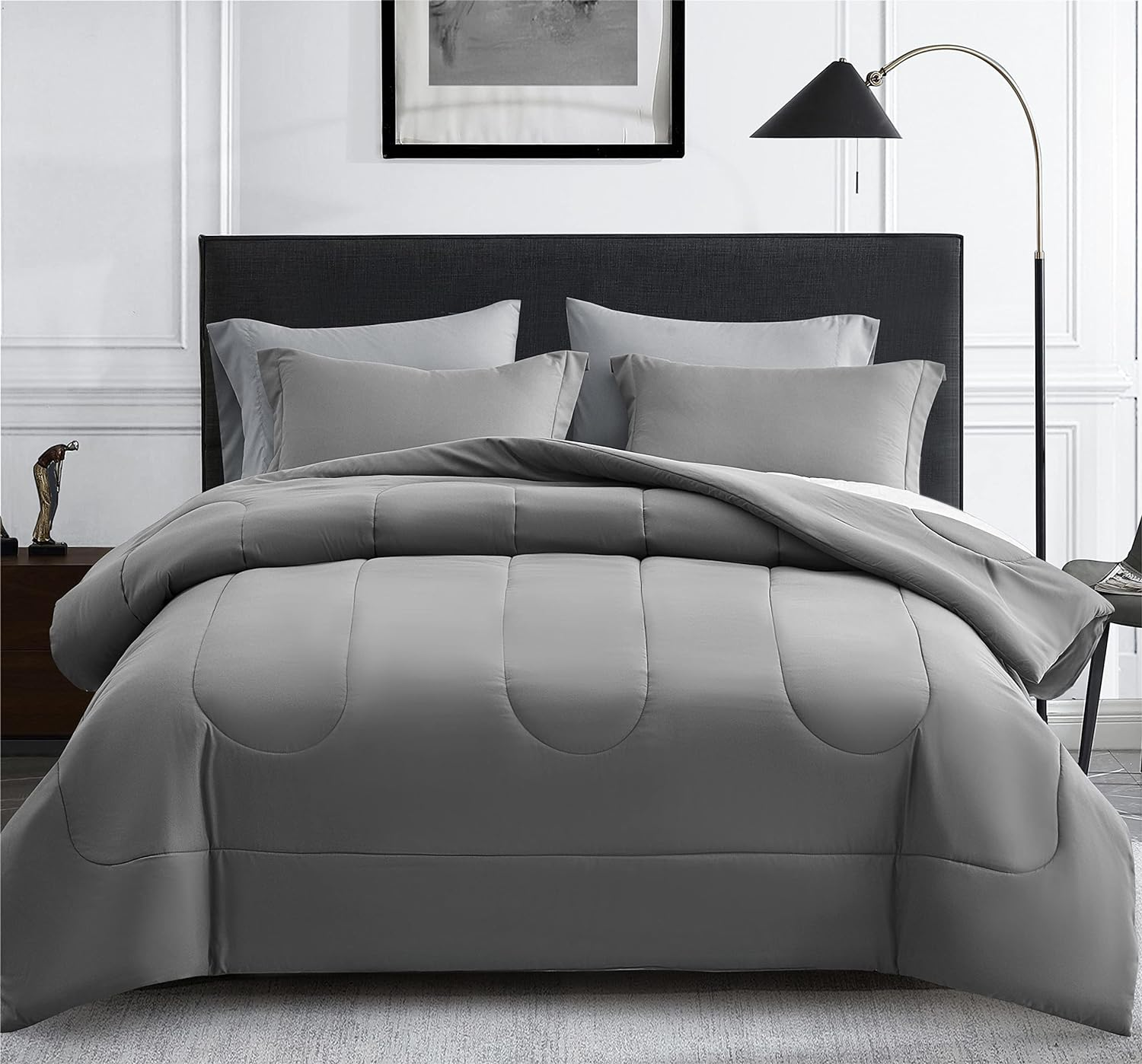 Maple&Stone Queen Size Comforter Set 7 Pieces Bed in a Bag - down Alternative Bed Set with Sheets, Pillowcases & Shams, Soft Reversible Duvet Insert for Queen Bed, Dark Grey & Light Grey