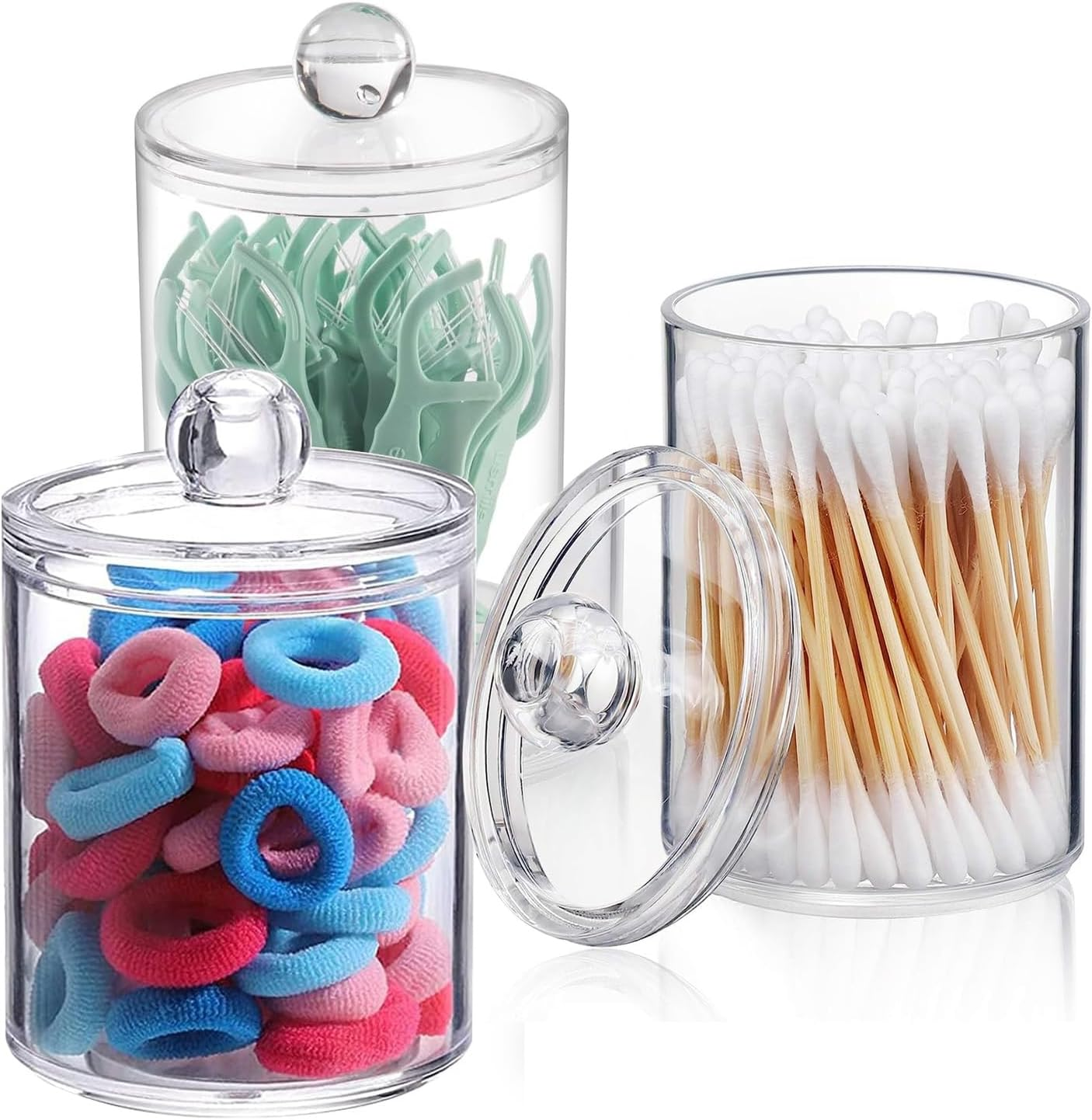 3 Pack Qtip Holder,Apothecary Jars Cotton Ball Holder Dispenser,Bathroom Jars with Lids Set for Cotton round Swab,10Oz Clear Plastic Canisters Restroom Bedroom Vanity Organizer