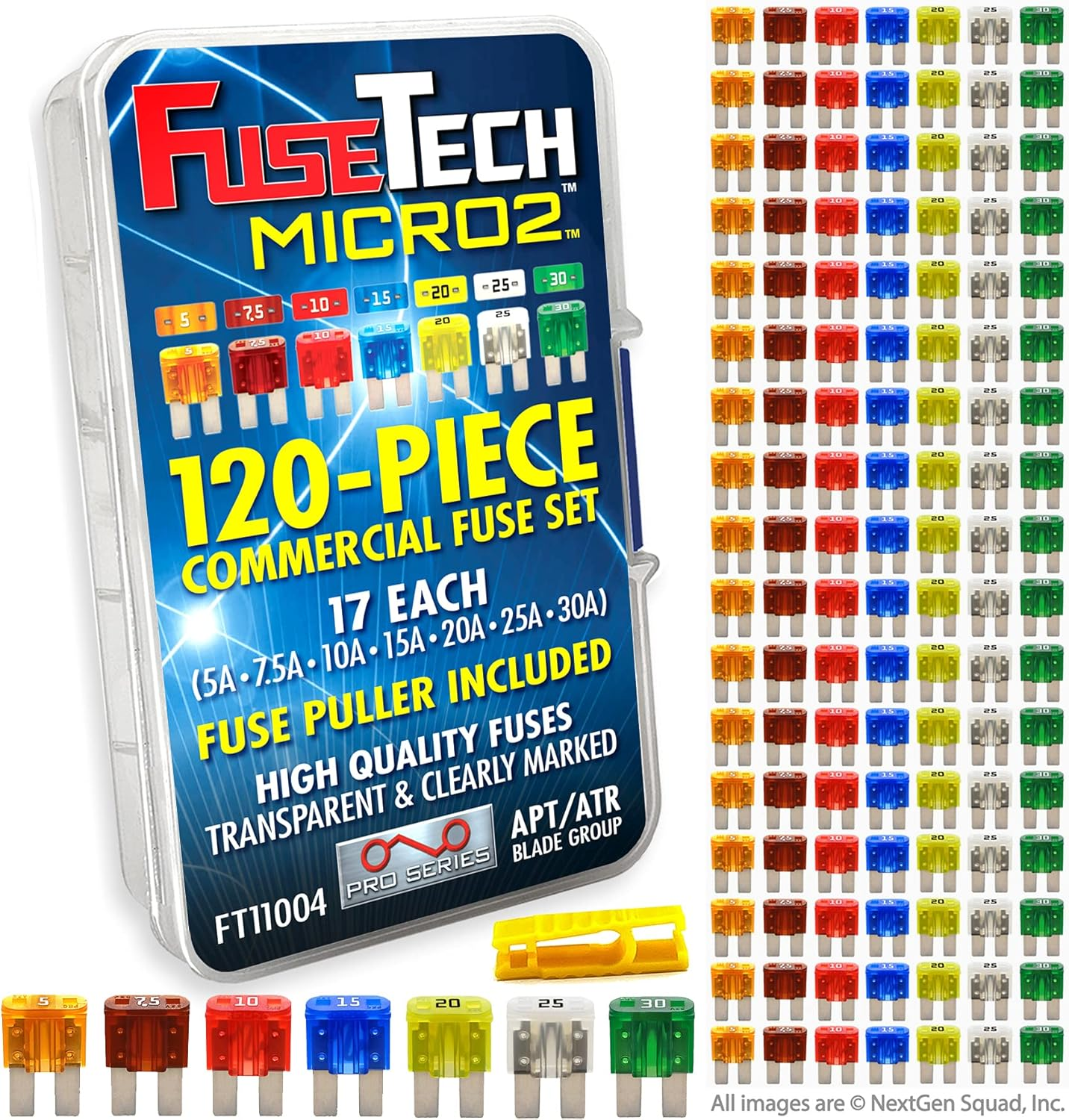 Micro2 APT ATR 120 Piece Automotive Commercial Car Fuse Assortment (119 Blade Fuses + Fuse Puller) 5A 7.5A 10A 15A 20A 25A 30A