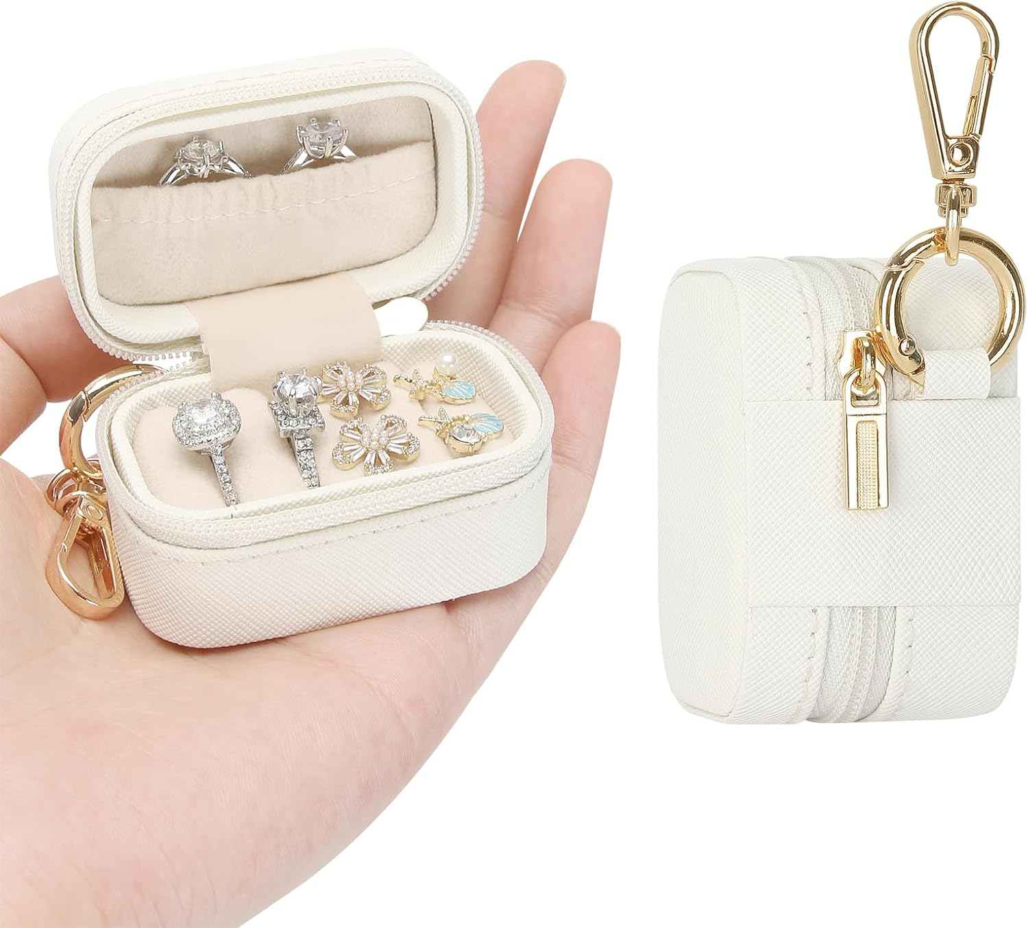 Small Travel Ring Stud Earring Box with Keychain, Mini Wedding Ring Holder Boxes for Multiple Rings, Portable Jewelry Storage Organizer Case (White)
