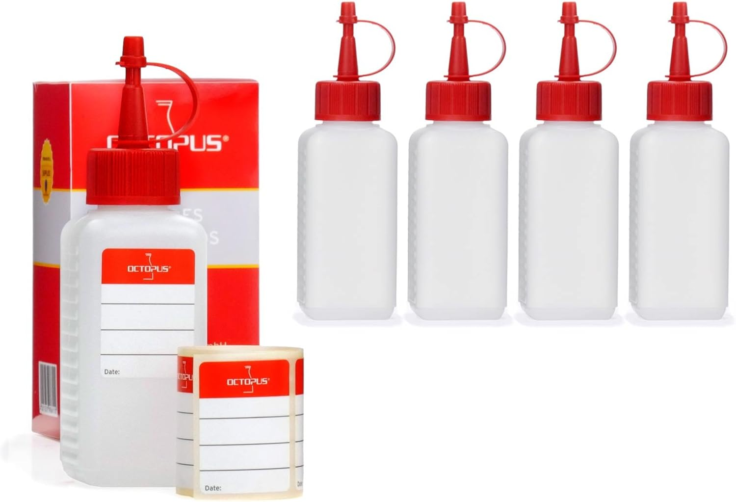 5 X 100 Ml Bottiglie Di Plastica in HDPE Con Tappi Rossi a Spruzzo E a Goccia, per Es. Contenere Nicotina Liquida (E-Liquid), Resistenti Alle Sostanze Chimiche, Incl. 5 Etichette