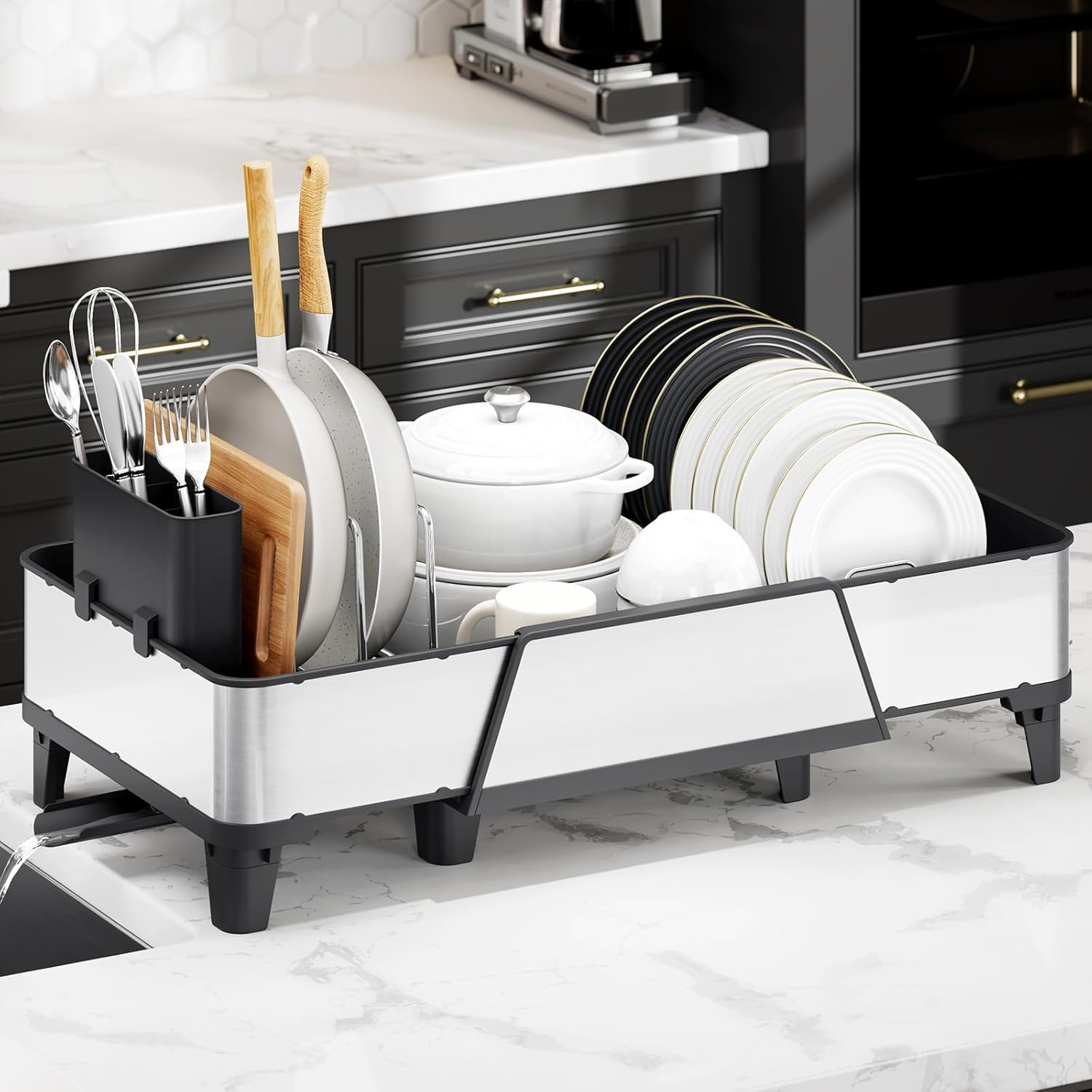 Urackify Large Dish Drying Rack - Triple Expandable Dish Rack for Kitchen Counter, Stainless Steel Sink Organization and Storage Essentials with Utensil & Pans Holder for Home and Appartment, Black