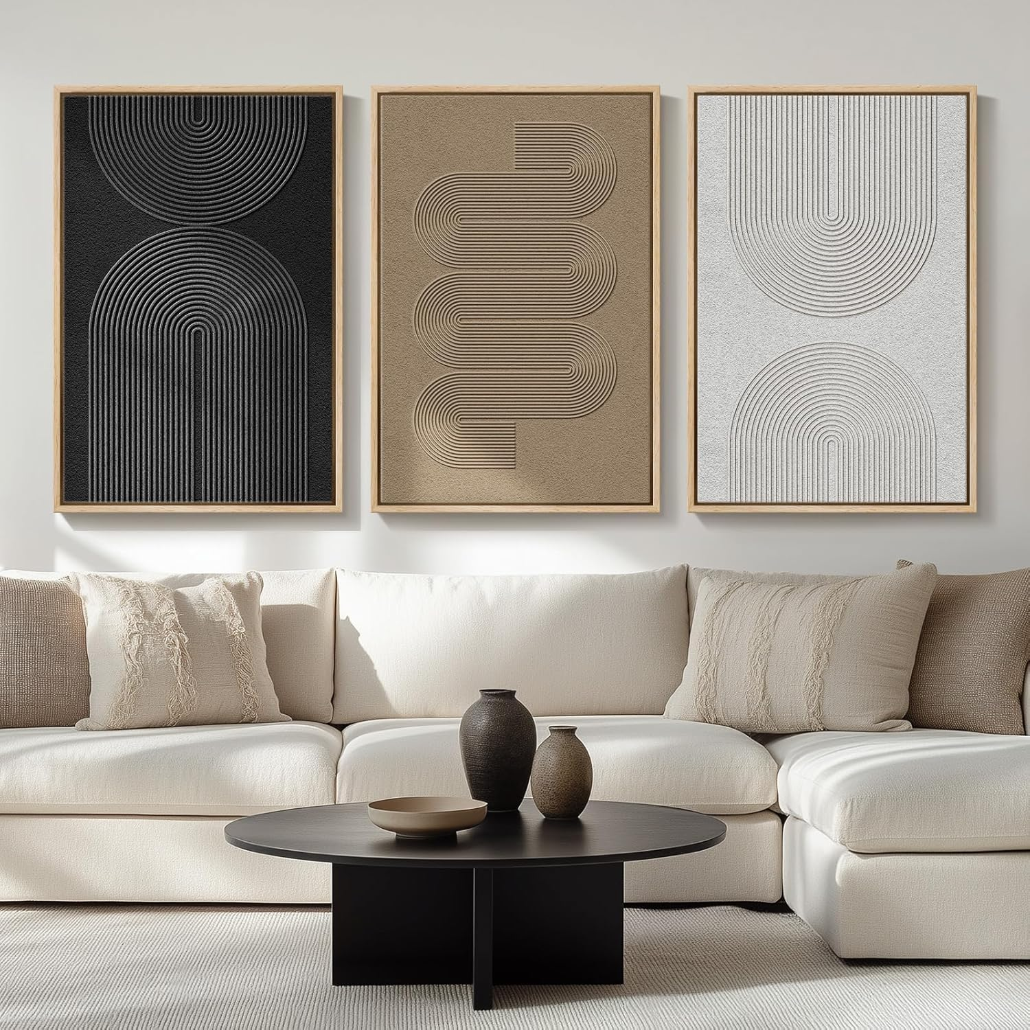 24X36 in 3 Piece Boho Canvas Wall Art Black White Minimalist Geometric Decor