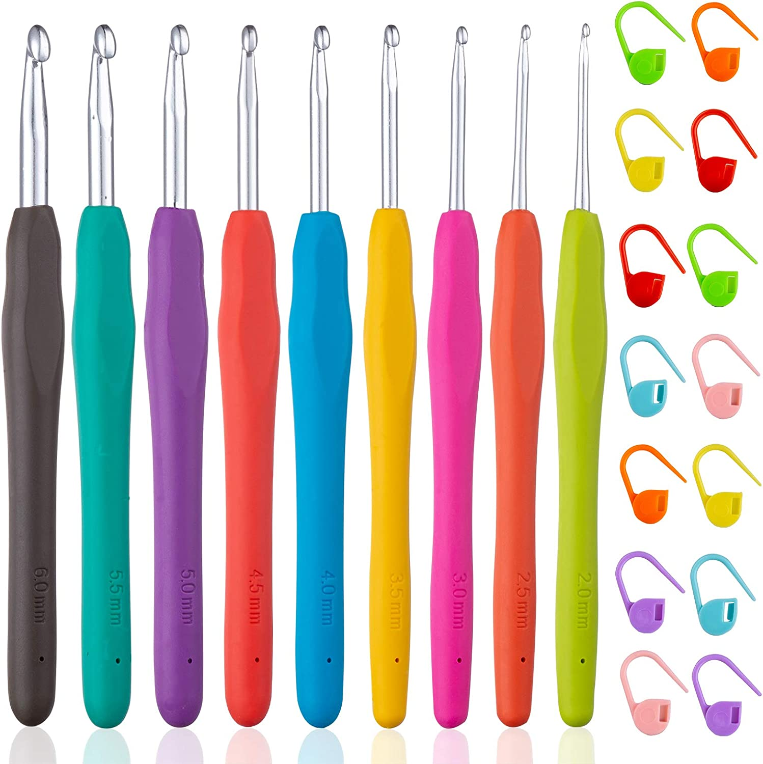 23 PCS Crochet Hooks, Ergonomic Handle Crochet Hooks Set for Arthritic Hands, Comfortable Smooth Crochet Needles Extra Long  Knitting Needles with Stitch Markers, Rubber, Multicolor