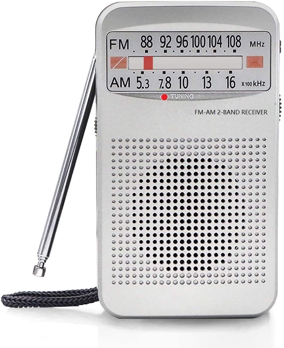 AM FM Portable Pocket Radio, Compact Transistor Radios - Best Reception, Loud Speaker, Earphone Jack, Long Lasting, 2 AA Battery Operated (Silver)