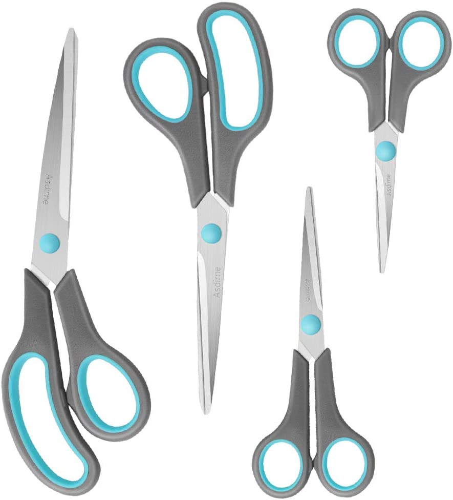 Asdirne Scissors Set of 4, Premium Stainless Steel Razor Blades, Ergonomic Semi-Soft Rubber Grip, Suitable for School, Office and Family Daily Use, 9.6''/8.5''/6.4"/5.4", Blue&Gray