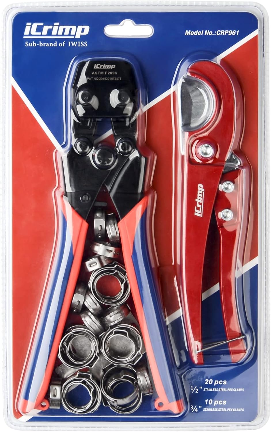 PEX Pipe Quick Cinch Tool Set for Stainless Steel Clamp from 3/8-Inch to 1-Inch with Pex Cutter, 20Pcs 1/2-Inch and 10Pcs 3/4-Inch Stainless Steel Clamps Included