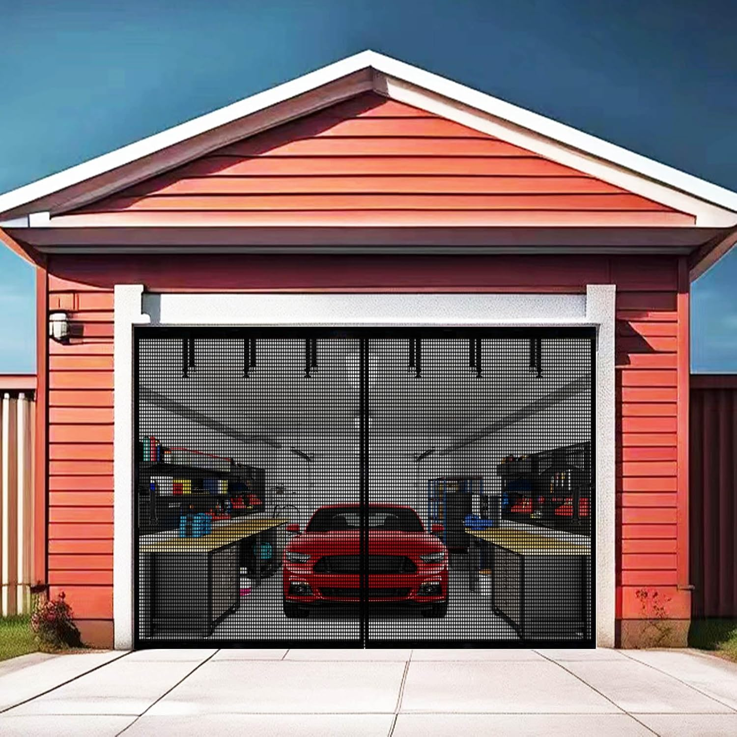 Premium Garage Door Screen for 1 Car Garage 9X7Ft, Durable Heavy Duty Fiberglass Screen Mesh 9X7 with Hook & Loop Tapes, Strips, Doors Screen with Powerful Magnets, Easy Assembly (108'' X 84'', BK)