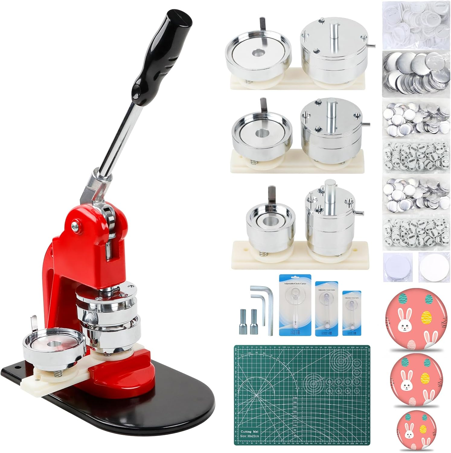 Button Maker Multiple Sizes - DIY Press 1.25 Inch+2.25 Inch+3 Inch, Removable Badge Machine with 300 Parts Supplies, Circle Cutter and Cutting Mat