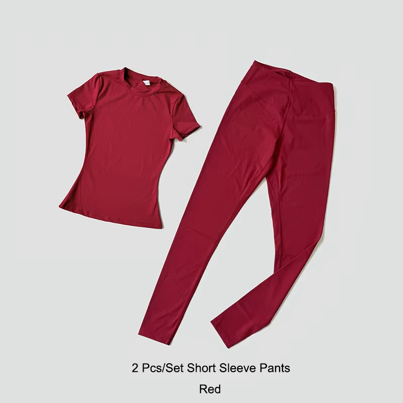 Quick-Drying Gym Leggings Set Sport Suit Short Sleeve Breathable Stretchy Slim Fitness Active Top Tight Gym Set