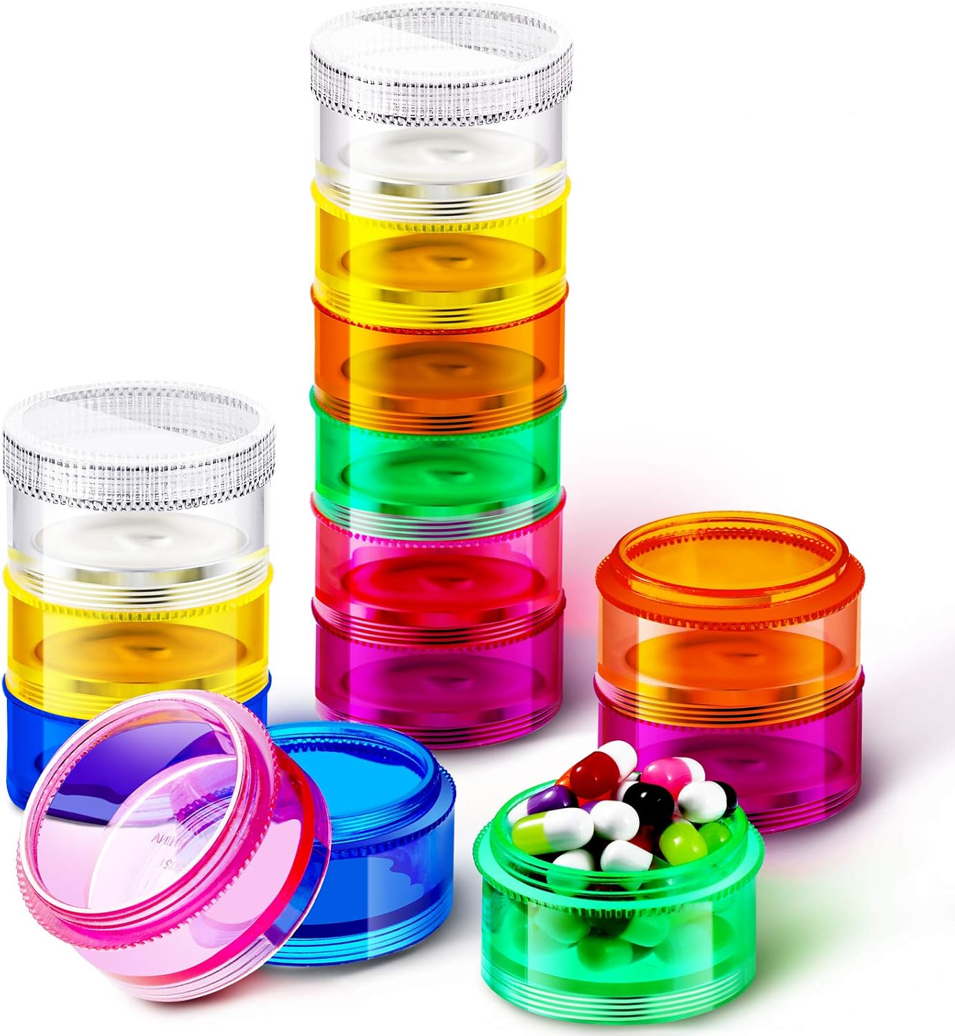 7 Days Stackable Pill Organizers 7 Compartments round Rainbow Color