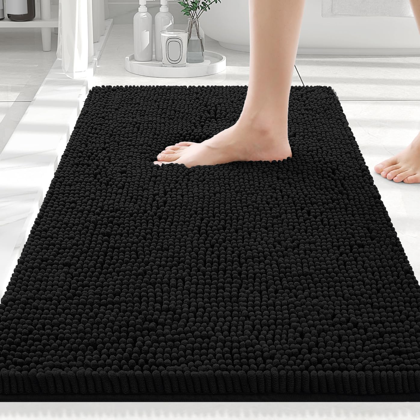 Luxury Chenille Bathroom Rugs 30x20, Extra Soft and Absorbent Shaggy Bath Mat, Machine Washable, Non-Slip Plush Carpet Runner for Tub, Shower, and Floor, Home Decor Accessories, Black