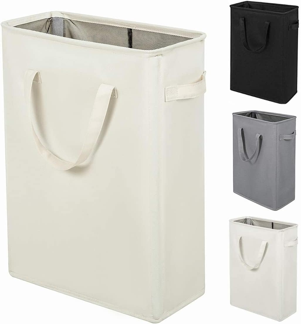 ZERO JET LAG Slim Laundry Hamper with Handles Collapsible Small Laundry Basket Thin Dirty Clothes Basket Narrow Laundry Bag Foldable Dirty Cloth Hamper 45L (22 Inches,Beige)