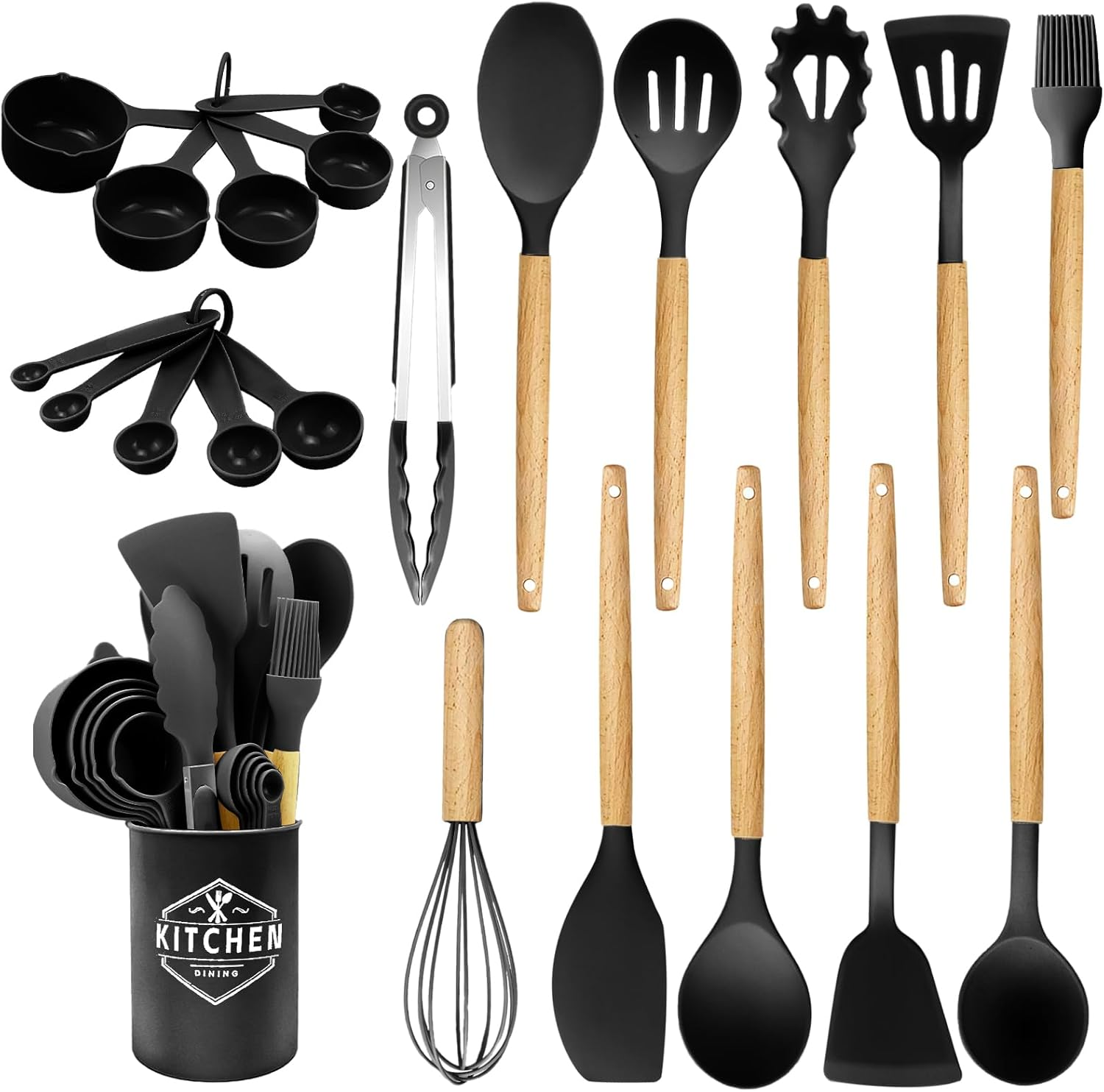 Silicone Kitchen Utensils 22 Pieces, Set of Utensils Da Cucina per Pentole Antiaderenti, Heat and Non-Stick with Wooden Handle for Utensils BPA Free (Black)