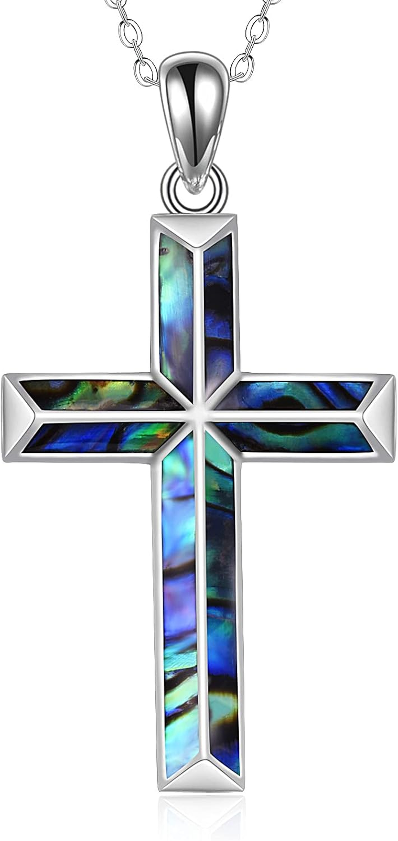 Religious Cross Pendant Necklace Sterling Silver Abalone Faith Gifts Women Men