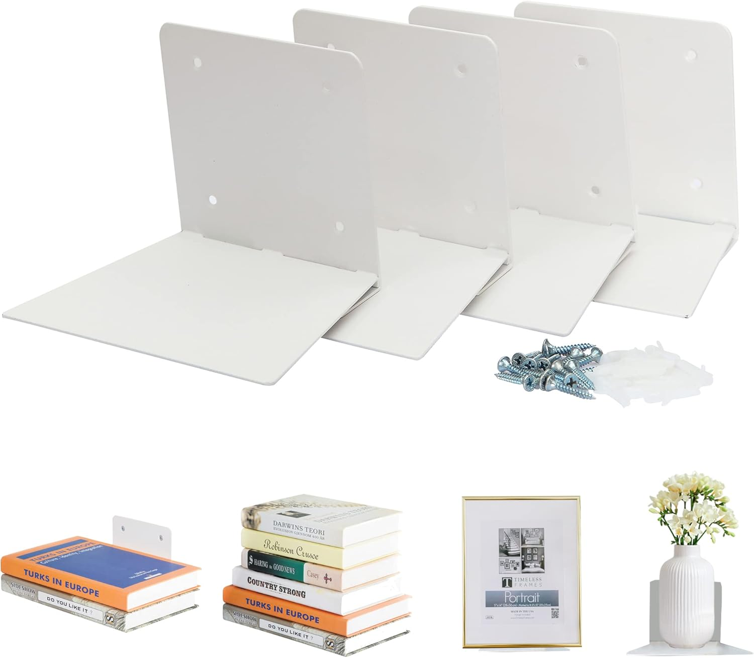 Floating Book Shelves for Wall Mounted Invisible Floating Bookshelves Heavy-Duty Steel Hidden Bookshelf Hanging Bookshelves for Bedroom Living Room Office, White 4-Pack Large