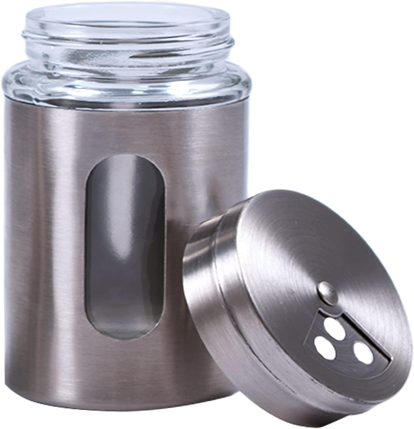 1 Pack Large Salt Shaker with 3 Adjustable Pour Holes, 4.3×2.7 Inch Salt Shaker with Stainless Steel Outer Layer and Internal Thick and Glass for Granular Seasoning