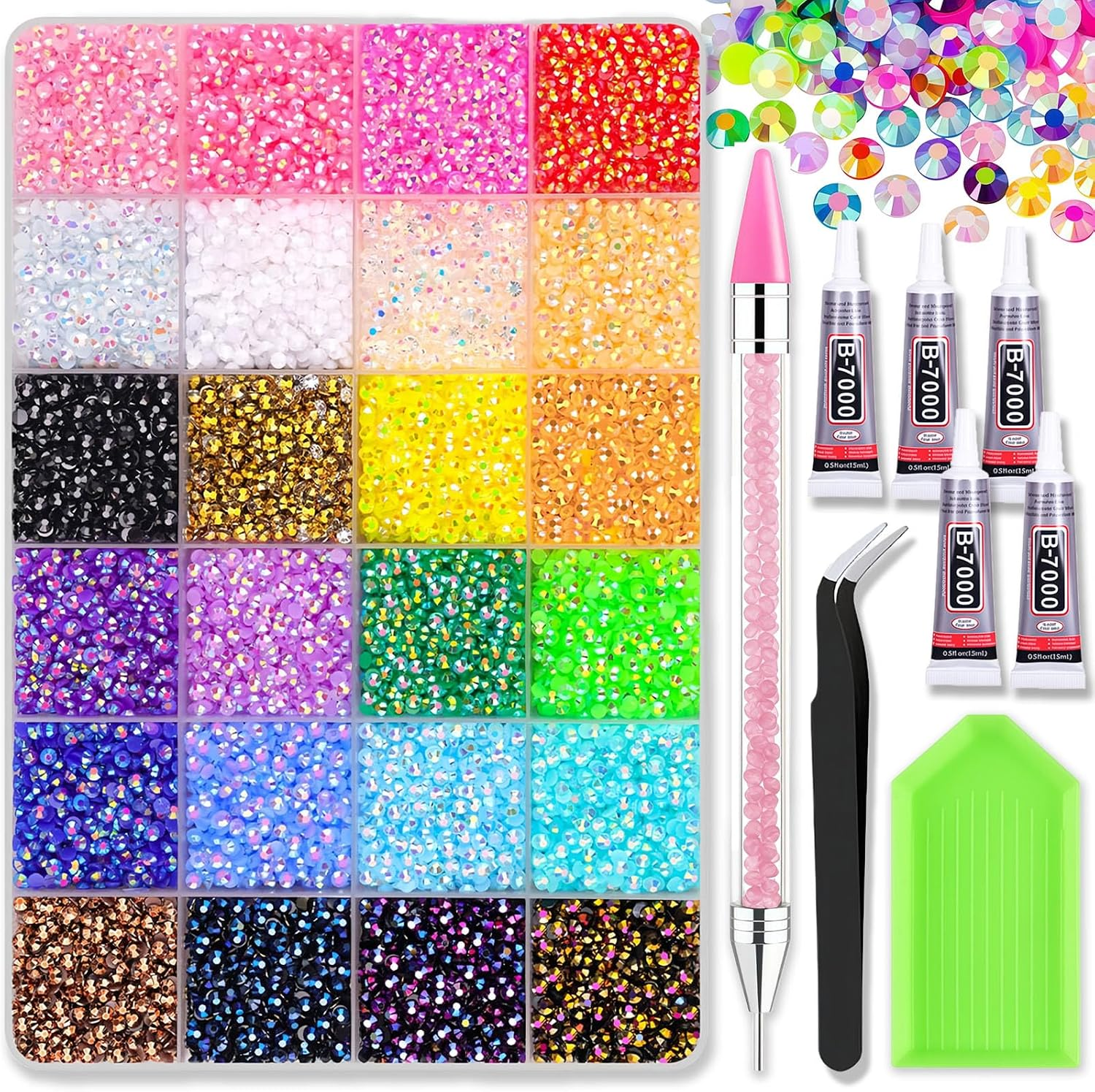30000 PCS Resin Jelly Rhinestones Bedazzling Kit with Nail Rhinestones, 24 Colors 3Mm Flatback Rainbow Gems with Paste Solution and Rhinestone Pen & Pliers for DIY Crafts Clothing Shoes Nail Art