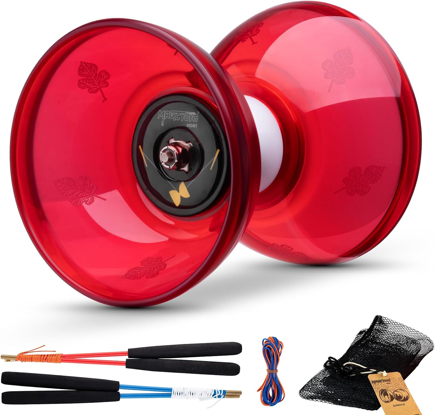 MAGICYOYO Pro Triple Bearing Diabolo 4’’ Small Size Chinese Yoyo Toy, Long Spin High Speed Juggling Diabolo for Beginners & Advanced Players with Carbon Fiber Sticks, Extra Strings & Net Bag, (Red)