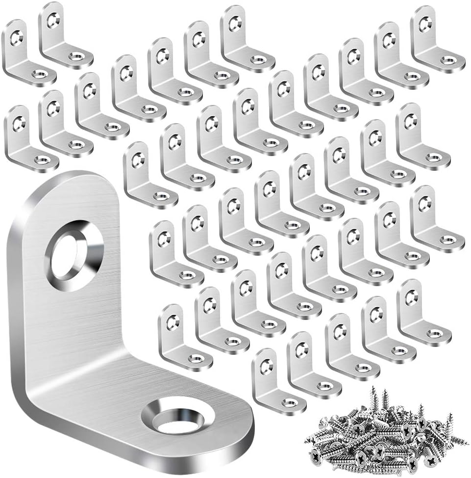 40PCS L Bracket Corner Brace, Stainless Steel L Brackets for Shelves, Metal Corner Bracket, Small Right Angle Brackets for Wood Furniture Chair Drawer Cabinet with 80PCS Screws (0.79 X 0.79 Inch)