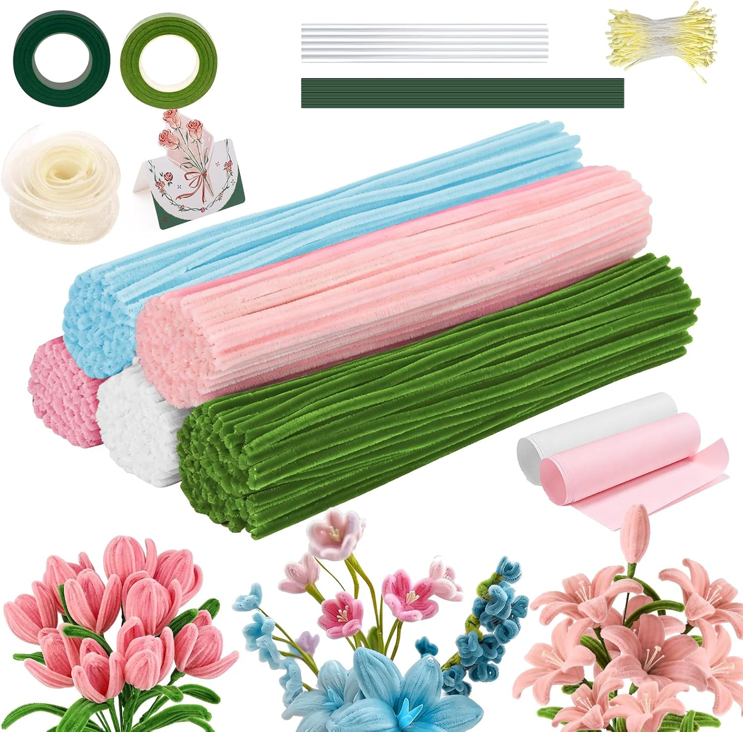 680 PCS Pipe Cleaner Flower Crafts Kit – 5 Colors Bulk Pipe Cleaners for DIY Pink Flowers, All in One Chenille Stems Art and Craft Supplies for Gift