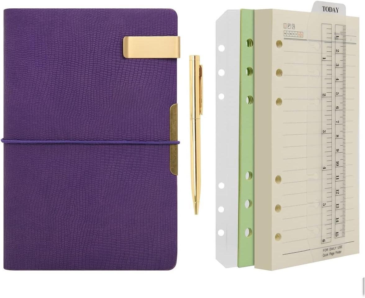A6 Leather Journal Refillable Travelers Notebook Lined Paper Notebook with Pen, Writing Diary for Travel Office and Agenda Plan (A6, Purple)