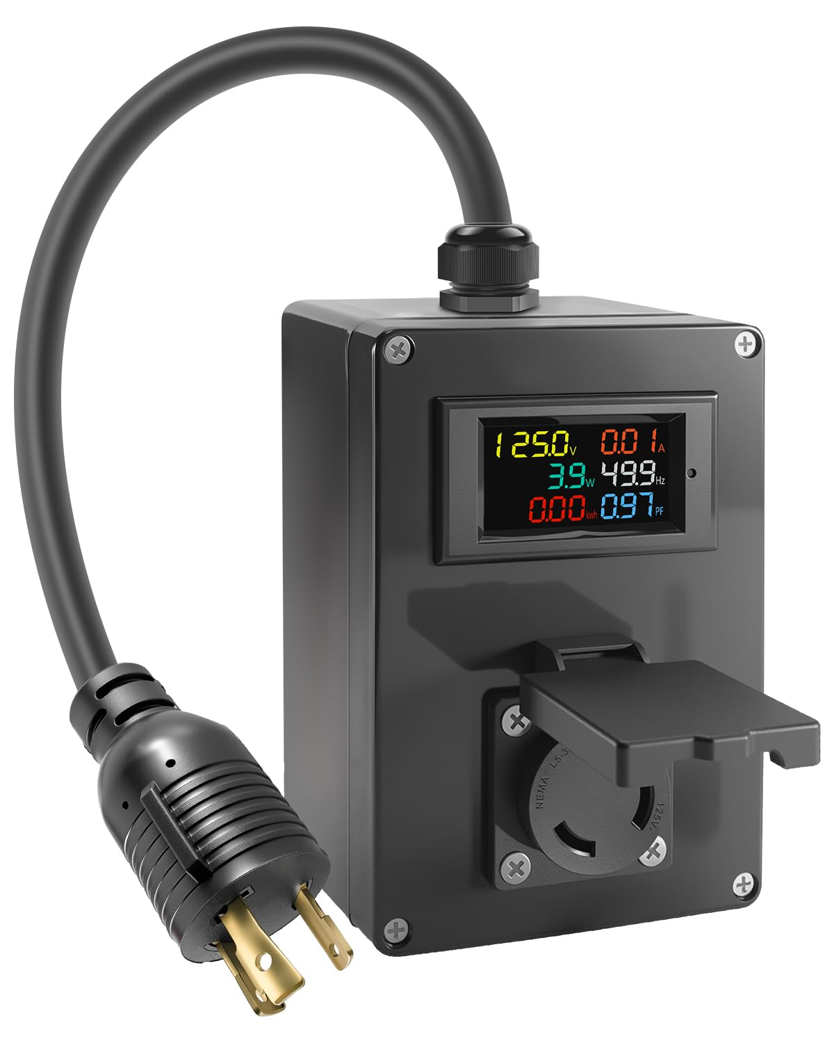 30A AC Power Meter, 125V L5-30P to L5-30R Generator Plug-In Energy Monitor with LCD Display, Voltage Current Wattage Frequency Kwh Tester for Industrial and Backup Power Use