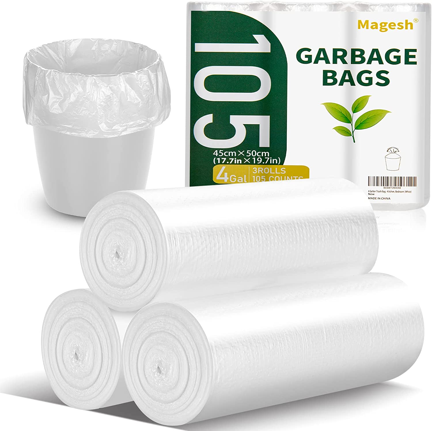 4 Gallon Trash Bag Strong, Leakage-Free, Small Garbage Bags Unscented Thick for Bathroom, Office, Kitchen Small Trash Can, 15L, 105 Bags, Clear