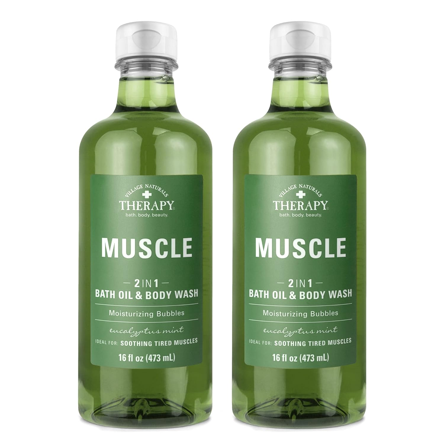 Village Naturals Therapy Muscle Foaming Bath Oil and Body Wash 16 Oz. 2 Pack, Green, 16 Oz